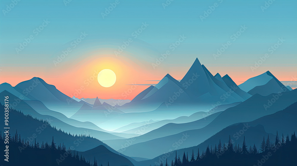 Naklejka premium Serene mountain landscape at sunrise, showcasing vibrant colors and misty valleys that evoke tranquility and natural beauty.