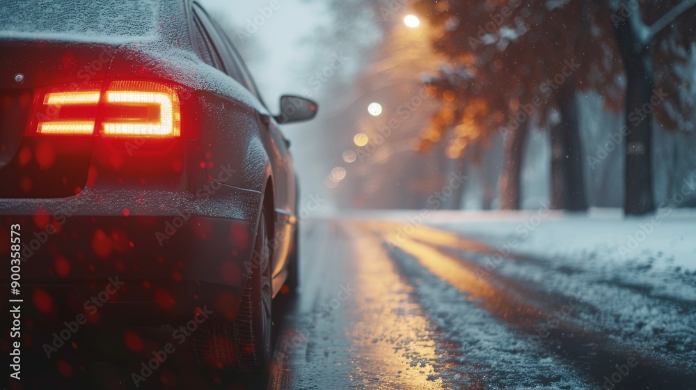 Snowy Winter Road with Car at Night Tranquil Winter Scene with Backlit Taillights Snowy Winter Road with Car at Night Tranquil Winter Scene with Backlit Taillights
