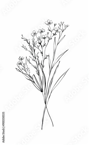 A simple line drawing of a bouquet of tiny wildflowers tattoo design white background minimalistic thin lines no color no shadows white background simple logo style white background 