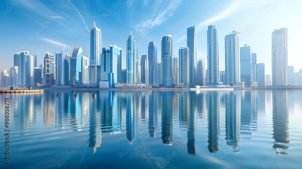Modern city skyscrapers reflecting in water on a clear day, realistic urban landscape photo Modern city skyscrapers reflecting in water on a clear day, realistic urban landscape photo