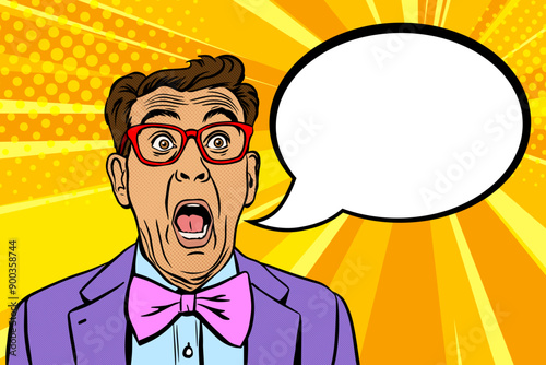 Mature man wearing purple jacket with a pink bow tie opens his mouth in amazement and speech bubble, comic pop art vector illustration 