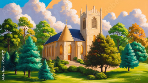 Majestic Church in Serene Landscape Glowing Stone Façade Amidst Lush Greenery