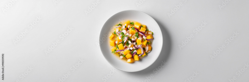 Mango and Avocado Salad with Fresh Herbs on a White Plate
Mango and Avocado Salad with Fresh Herbs on a White Plate