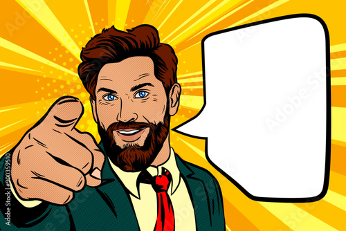 Happy smiling businessman pointing at you with his finger with speech bubble on rays background, comic pop art vector illustration