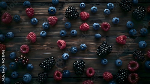  Freshly picked strawberries, blueberries, raspberries, and blackberries arranged on a rustic wooden board, emphasizing their freshness. . 
