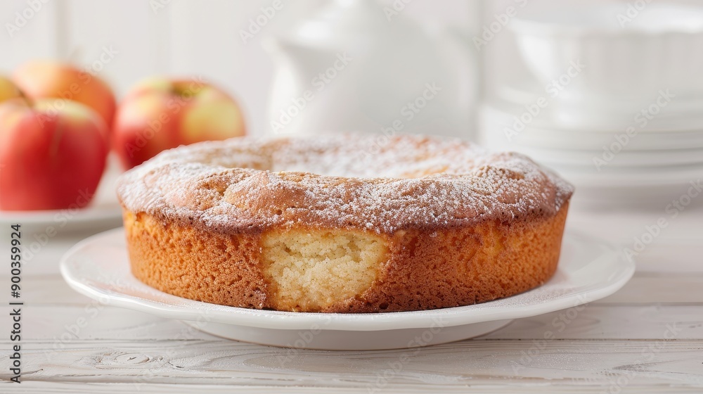 A slice of cake with powdered sugar on top sits on a white plate A slice of cake with powdered sugar on top sits on a white plate