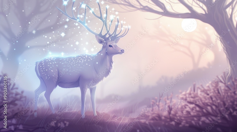 A deer with antlers is standing in a forest with a pink sky in the background A deer with antlers is standing in a forest with a pink sky in the background