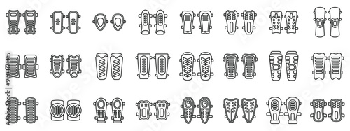 Shin Guards icons set. Collection of thin line icons representing various types of soccer shin guards, emphasizing player safety and performance