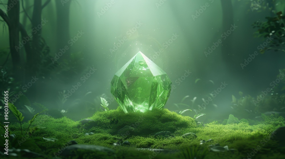 © Natthakan - A green crystal is sitting on a mossy patch of grass in a forest