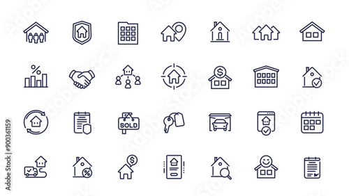 Real estate line icons, house for rent, housing market, tenants and mortgage, vector set