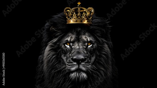 Majestic lion king wearing golden crown on dark background