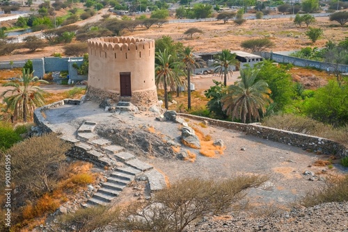 Watch Tower next to historical oldest AL Bidyah Mosque, Fujairah. UAE.Popular touristic weekend travel destination.
