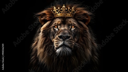 Majestic lion king wearing golden crown