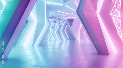 Vibrant 3D render of a white room with neon teal and violet lines forming overlapping pentagons and hexagons, highlighted by ultraviolet light, perfect for product digital design projects.