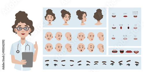 Medical worker woman doctor avatar creation suitable for animation. Generator, constructor of diverse eyes, lips, emotion expressions mouth animation and lip sync. Female character face construction.