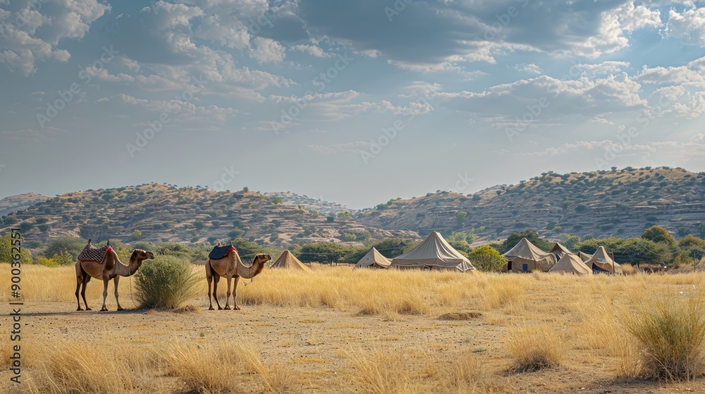 The rural landscape of Rajasthan, with camels and traditional huts ...