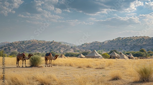 The rural landscape of Rajasthan, with camels and traditional huts under the expansive desert sky, showcasing the unique environment and lifestyle