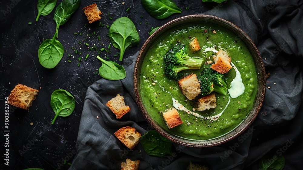 Top view of a bowl of creamy green vegetable soup with broccoli and croutons Top view of a bowl of creamy green vegetable soup with broccoli and croutons