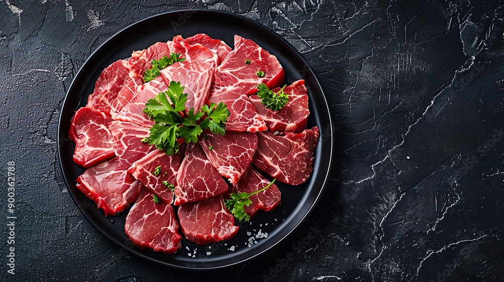 Raw Beef Slices Neatly Arranged on Black Plate Raw Beef Slices Neatly Arranged on Black Plate