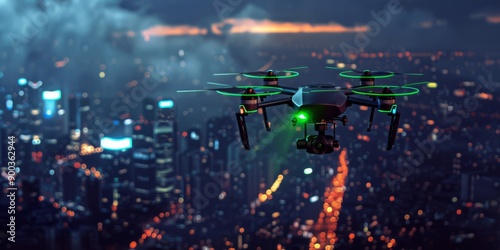 Drone with green glowing lens flying at night over a city