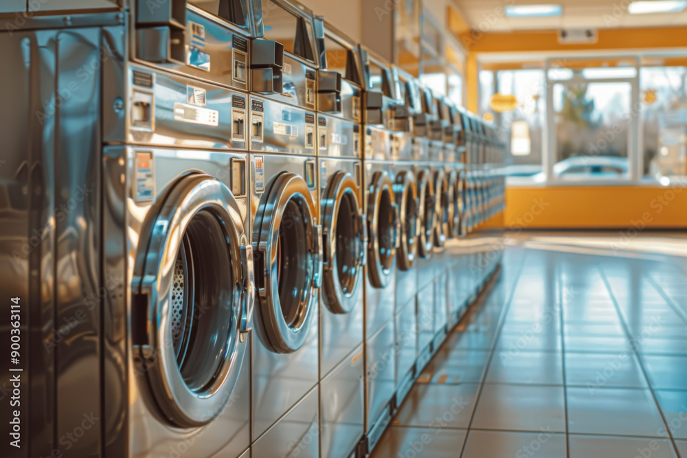 A row of shiny washing machines in a laundromat creating a sense of order and cleanliness A row of shiny washing machines in a laundromat creating a sense of order and cleanliness