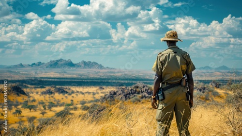 A wildlife ranger patrolling a national park, emphasizing efforts in wildlife conservation