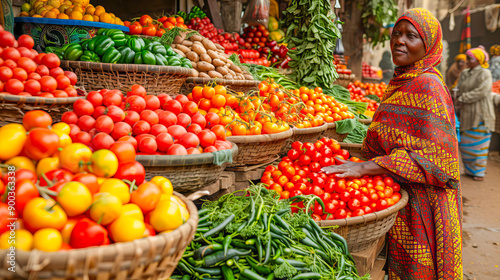 Market vendor arranging tomatoes in baskets in benin, africa photo