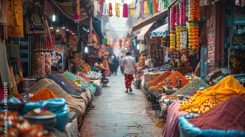 A vibrant Indian bazaar with merchants selling traditional clothes, jewelry, and spices, showcasing the lively atmosphere of a typical market