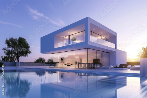 A modern house with a pool reflecting the colors of the sunset sky