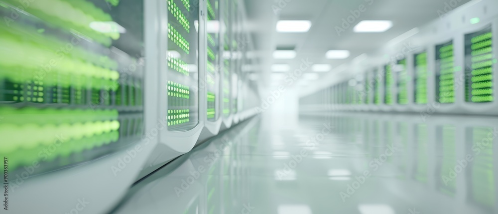 A long hallway with green computer servers