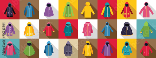 Raincoat icons set. Large set of colorful raincoats protecting from rain and wind, different styles of waterproof outerwear for men and women