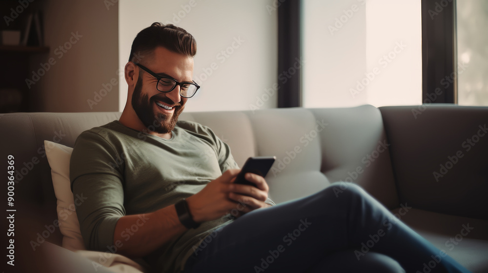 A Smiling happy man reclining on couch with smartphone, enjoy chatting , using dating application on cellphone,. A Smiling happy man reclining on couch with smartphone, enjoy chatting , using dating application on cellphone,.