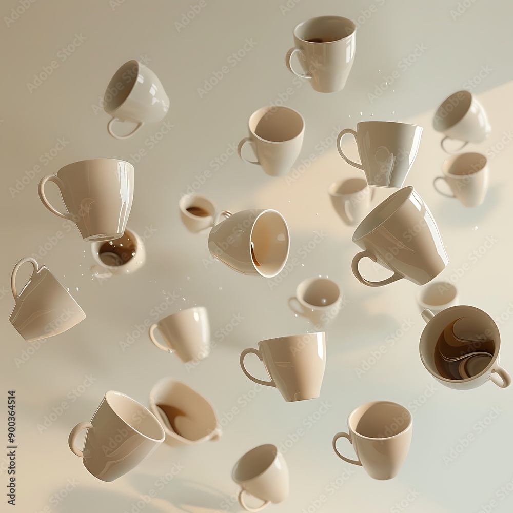 Obraz premium Realistic image showcasing multiple coffee cups floating in the air, each cup captured with intricate detail and lifelike textures