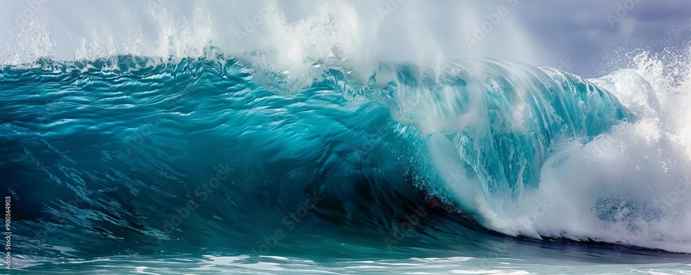 A powerful wave crashing in the ocean, with clear blue water and white foam, showcasing the beauty and strength of nature A powerful wave crashing in the ocean, with clear blue water and white foam, showcasing the beauty and strength of nature