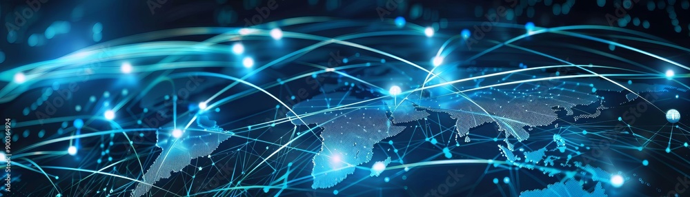 An abstract depiction of a world map with interconnected nodes and lines, showcasing international connectivity An abstract depiction of a world map with interconnected nodes and lines, showcasing international connectivity