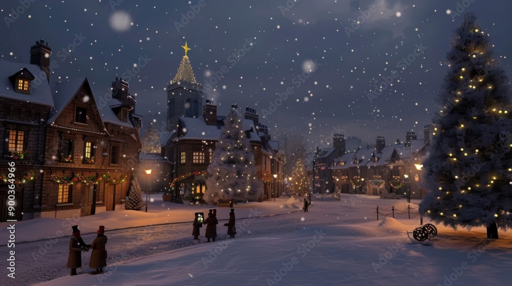 Obraz premium A snowy Christmas Eve scene in a quaint European village with twinkling lights and falling snow.