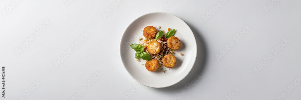 Golden Brown Scallops with Fresh Basil and Crushed Nuts on a White Plate
Golden Brown Scallops with Fresh Basil and Crushed Nuts on a White Plate
