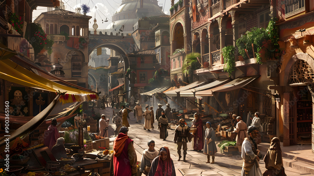 Naklejka premium Vibrant city streets lined with historic buildings and bustling market stalls in Renaissance style.