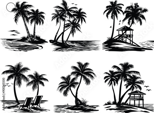 Sea beach silhouette, sea beach coconut vector illustration. coconut tree silhouette bundle.