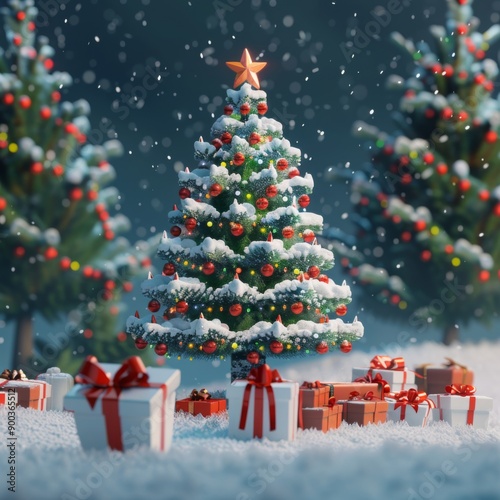 A snowy forest scene with three decorated Christmas trees, lit with twinkling lights and surrounded by presents.