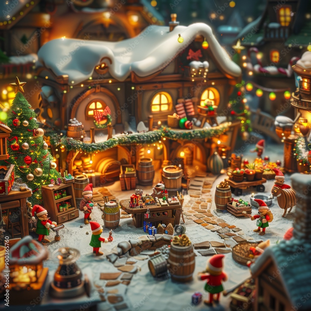 A whimsical Christmas village scene with snow-covered cottages, twinkling lights, and festive decorations. Elves are bustling about, adding to the charming holiday atmosphere. A whimsical Christmas village scene with snow-covered cottages, twinkling lights, and festive decorations. Elves are bustling about, adding to the charming holiday atmosphere.