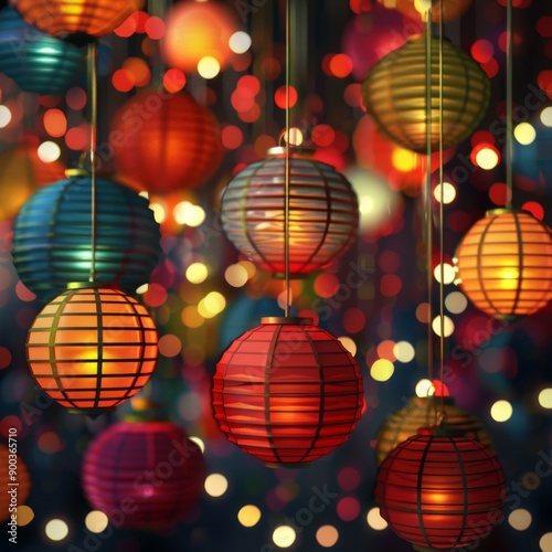 A string of colorful paper lanterns illuminated with warm light, creating a festive and cozy atmosphere.
