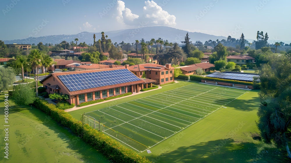 Obraz premium Aerial view of modern educational campus with solar panel roofs and sports field, surrounded by lush greenery and mountains, ideal for educational, environmental, or recreational content,