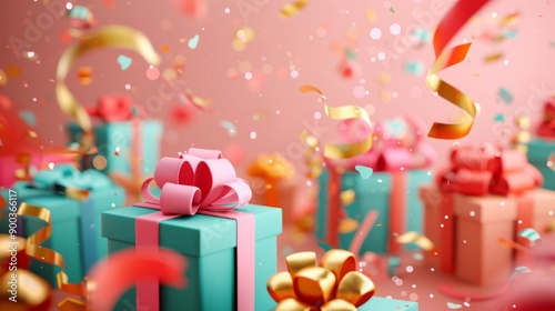 Colorful presents with ribbons and confetti on pink background. Festive celebration concept.