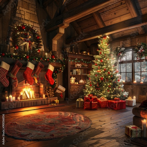 Cozy cabin decorated for Christmas with a fireplace, a Christmas tree and presents.
