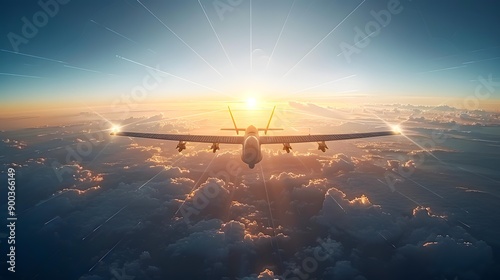 A drone soaring above the clouds with sunrise rays illuminating the sky, perfect for themes of technology, innovation, and aviation, versatile for publications and educational materials on aerospace, photo