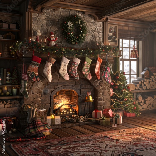 Cozy fireplace decorated with stockings and a Christmas tree, perfect for holiday celebrations.