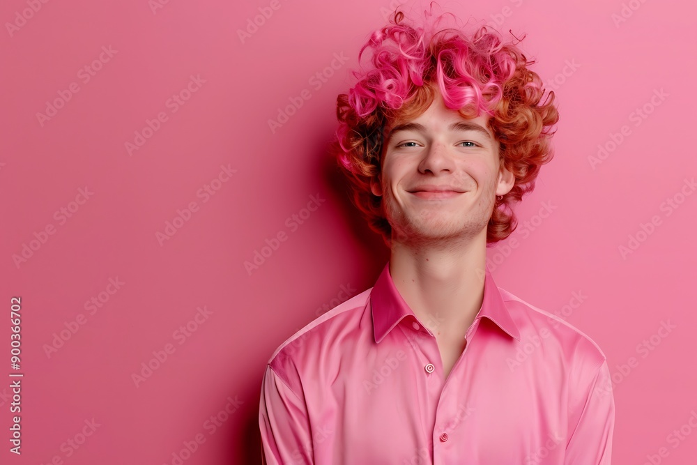A vibrant portrait capturing a cheerful young man with curly pink hair, wearing a shiny pink shirt A vibrant portrait capturing a cheerful young man with curly pink hair, wearing a shiny pink shirt