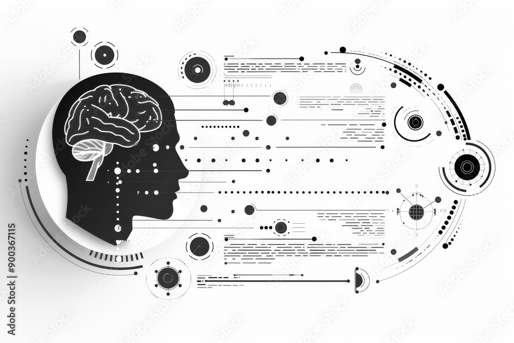 Obraz premium Abstract brain and neural connections monochromatic and detailed shades of black and white conceptual and artistic design digital illustration