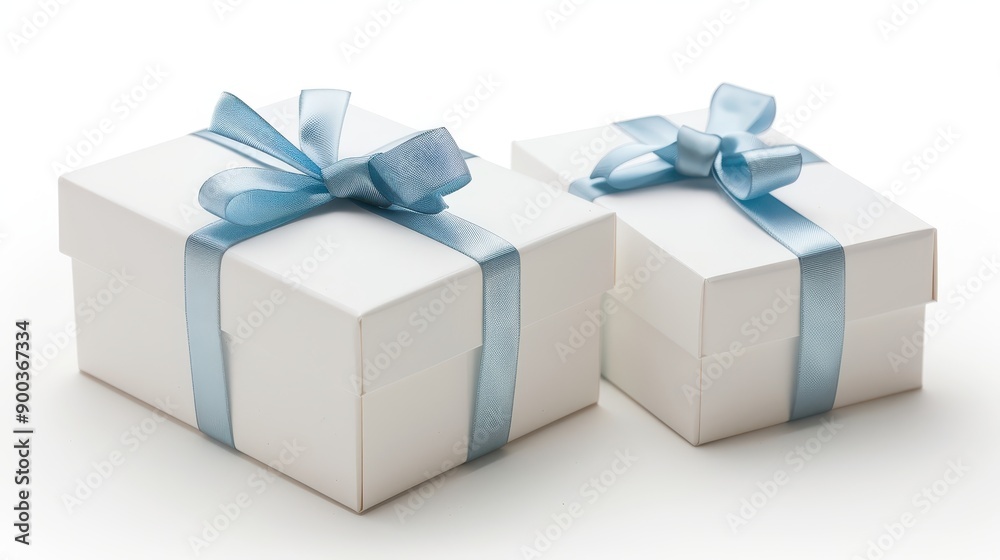 Two white boxes with blue ribbons tied around them Two white boxes with blue ribbons tied around them